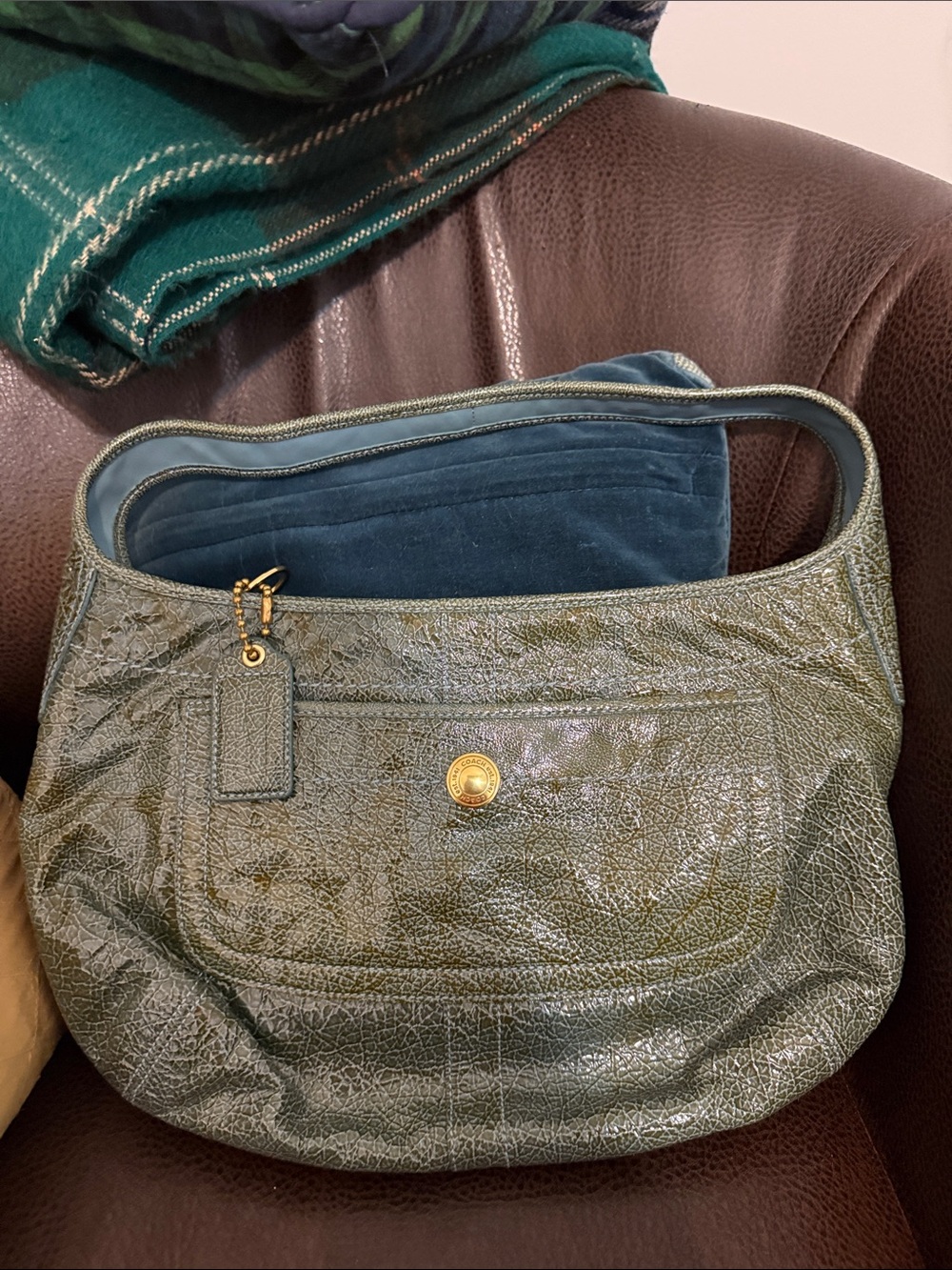 Coach Green Patent Leather Shoulder Bag with Front Pocket
